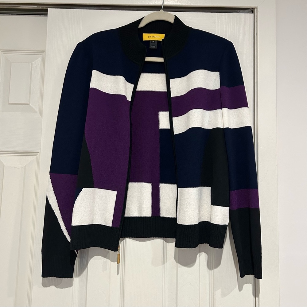 St John Colorblock Zip-Up Sweater Bomber Jacket size medium - Picture 5 of 7